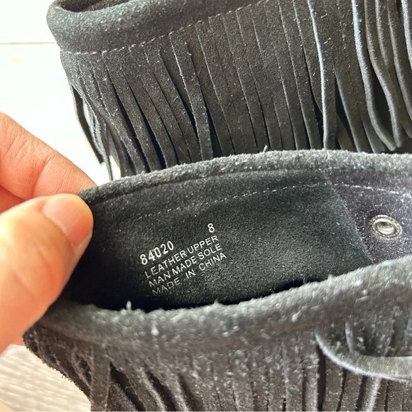 Minnetonka Black Lace-Up Fringe Wedge Booties - Picture 9 of 12